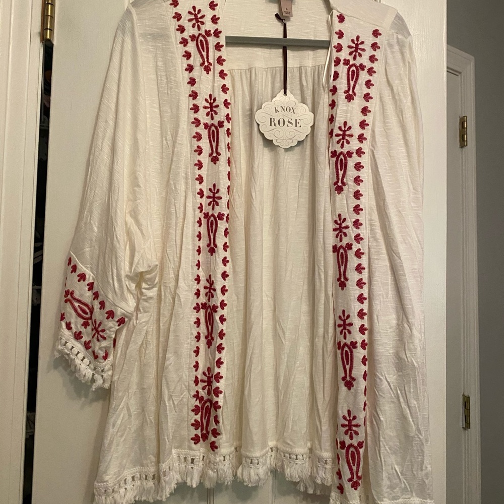White Cardigan with Red Lace